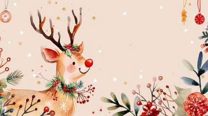 Obraz premium Whimsical watercolor illustration of a cheerful reindeer adorned with holly and berries, surrounded by festive decor on a light background