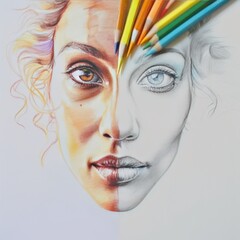 Artist creating beautiful woman portrait using colored pencils