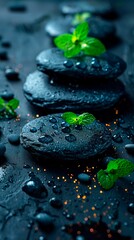 Elegant arrangement of smooth black stones with fresh mint leaves and water droplets, copy space for text