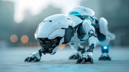 Fototapeta premium Futuristic Armored Robotic Dog Patrolling City Landscape