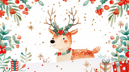 Fototapeta premium Cute illustrated reindeer with antlers adorned with holly, surrounded by festive decorations, snow, and Christmas gifts on a white background