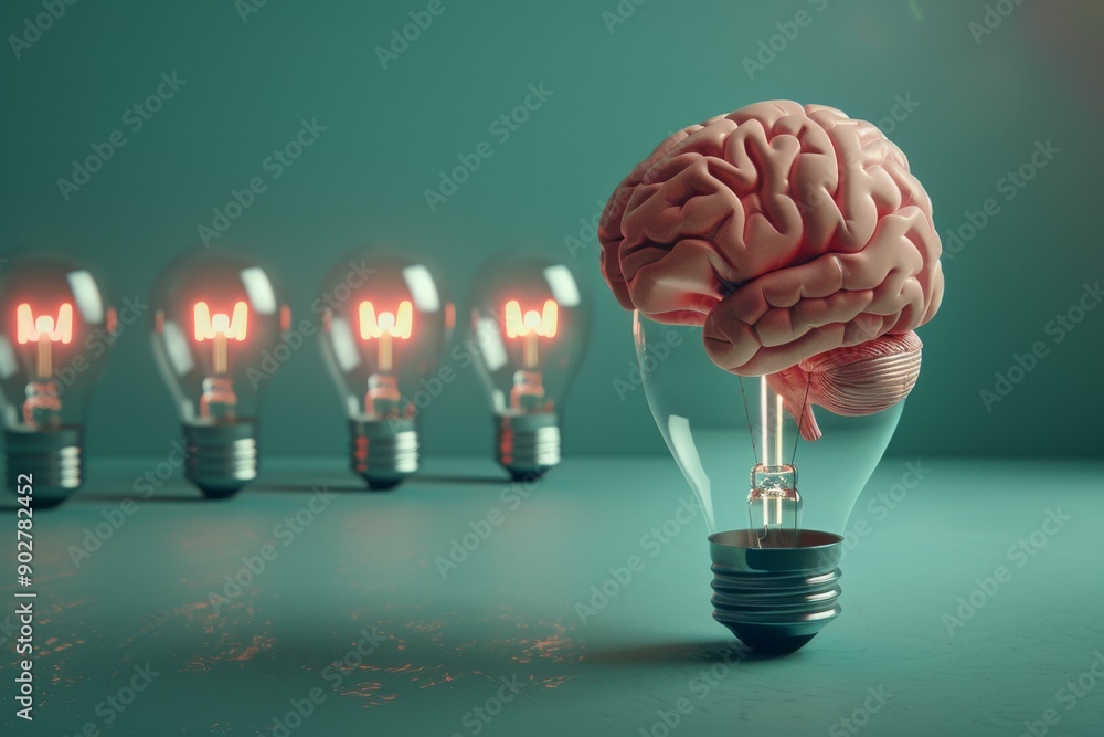 Poster brain lightbulb in a creative setting representing innovative thinking and imagination.