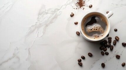 Steaming cup of coffee surrounded by coffee beans on white marble background