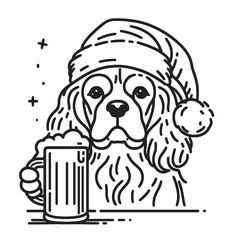 Fototapeta premium Cavalier King Charles Spaniel Dog wear santa claus hat tangled wrap around with Christmas lights holding a beer mug in christmas party 