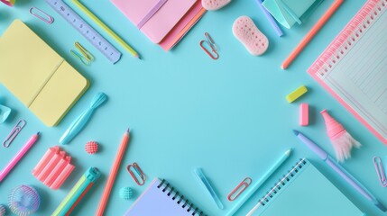 Pastel school supplies forming frame on blue background