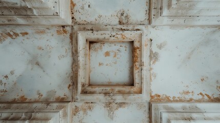 An ancient ceiling with intricate liquid stains and decayed patterns, walls covered in blemishes and mold, atmospheric lighting casting eerie shadows