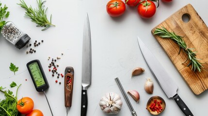 Professional chef kitchen utensils and ingredients arranged on a tabletop