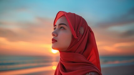 Young muslim woman is admiring a beautiful sunset over the ocean