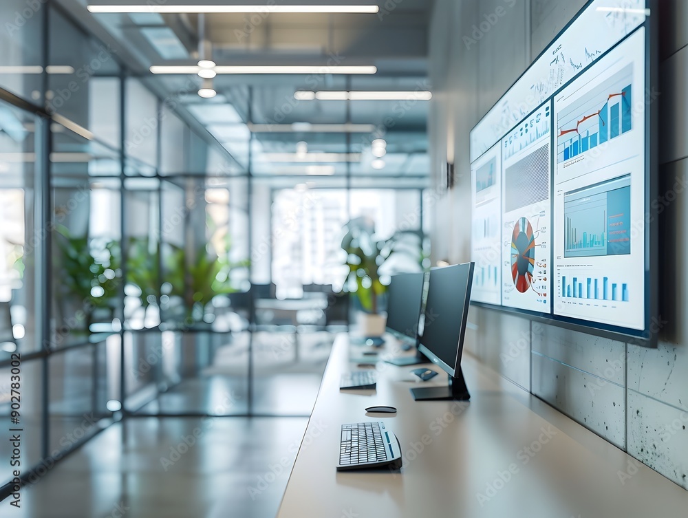 Poster high tech office with interactive smart boards and digital tools