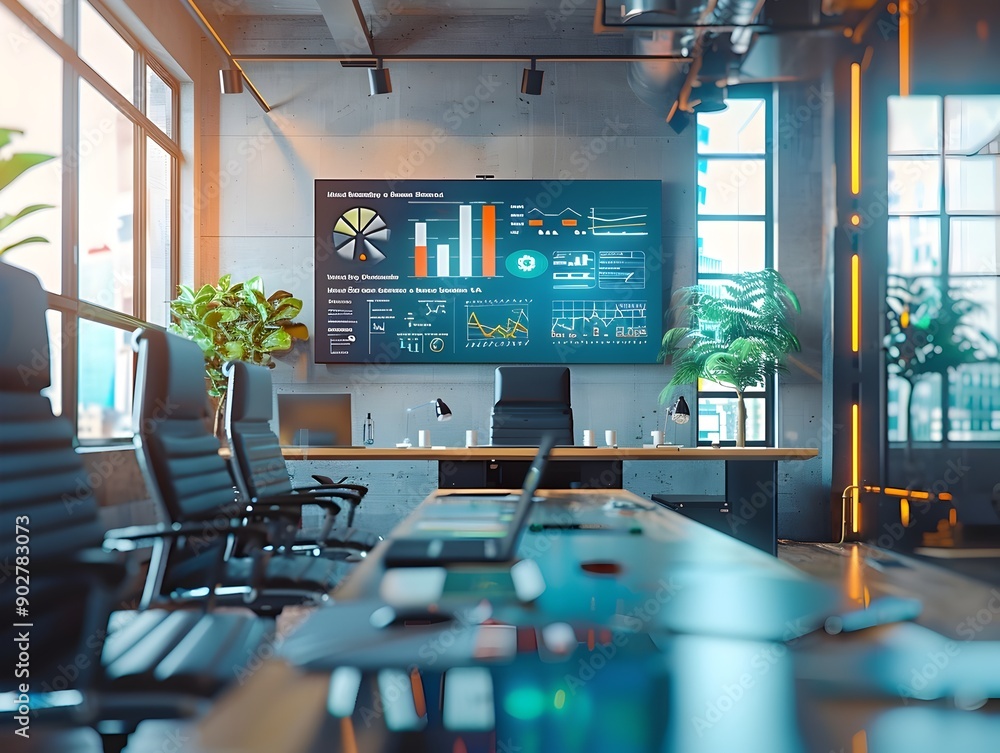 Poster high tech office with interactive smart boards and digital tools