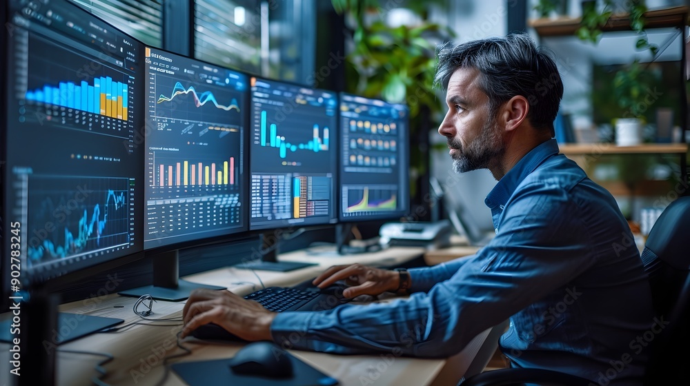 Poster business analyst reviewing financial data on multiple computer screens in the office