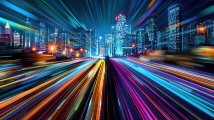 Fototapeta premium Colorful light trails representing data streams through a vibrant cityscape at night