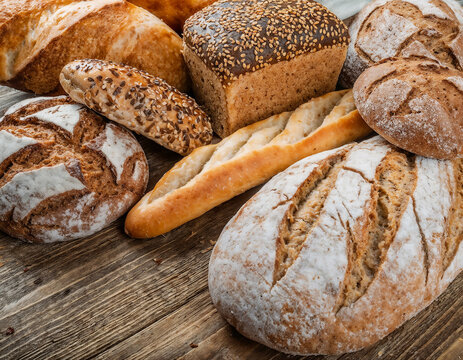 La f&ecirc;te du pain, assortiment de diff&eacute;rents pains, vue du dessus, sur une table en bois rustique 