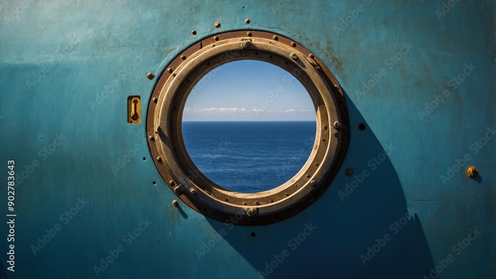 Wall mural ocean view through round ship porthole