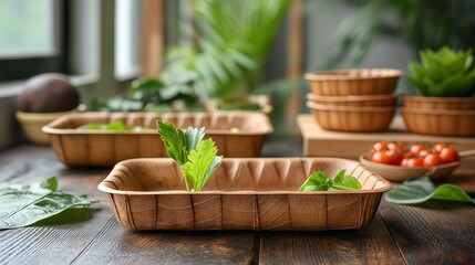 Eco-Friendly Palm Leaf Trays with Fresh Greens in Rustic Setting