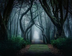 Fototapeta premium Fog on an alley in the dark forest