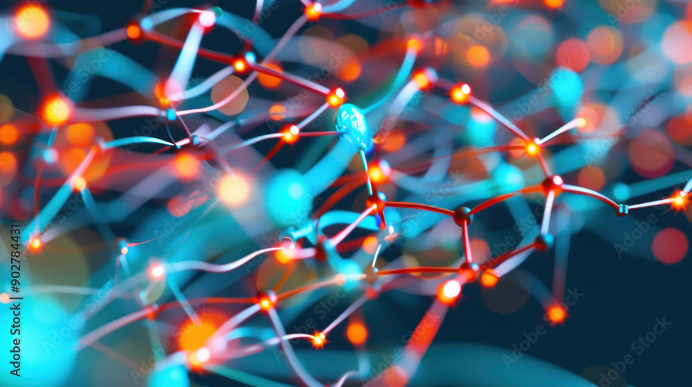 Poster abstract visualization of interconnected nodes and chains representing a network, showcasing vivid c