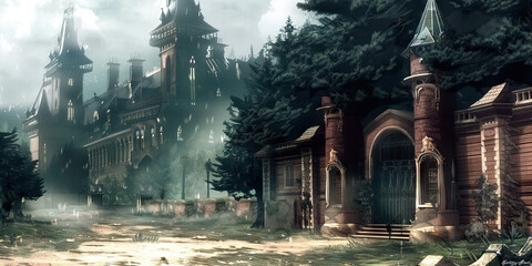 Obraz premium The Malevolent Mist: A swirling fog rolls in, obscuring a secluded, abandoned village, as if hiding a terrible secret