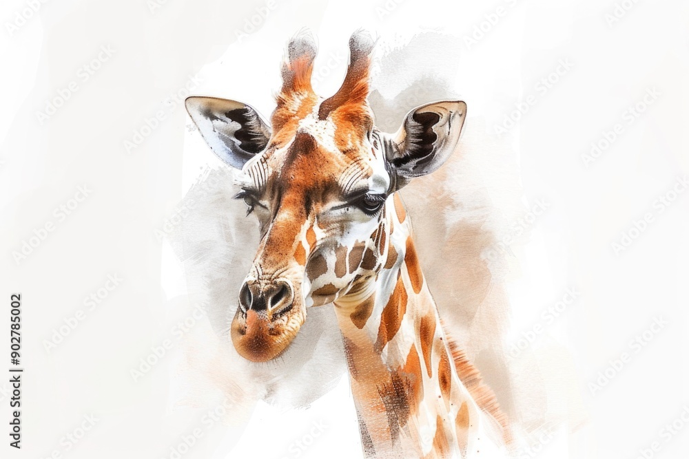 Poster a giraffe standing on a white surface, offering a unique and simple backdrop for various uses