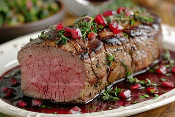 Seared Beef Tenderloin with a Rich Wine Reduction, A Culinary Masterpiece Exquisitely Tender, Perfectly Cooked Beef Tenderloin, Drizzled with a Decadent Wine Sauce, Elevating Your Dining Experience