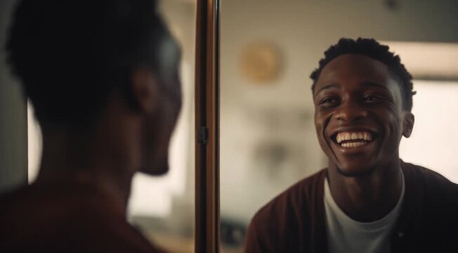 A happy black man is smiling at his reflection in the mirror