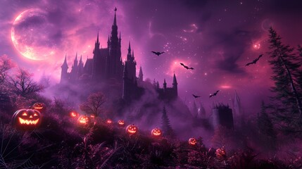 Fototapeta premium Gothic castle Halloween background with lilac moon and Jack-O’-Lanterns