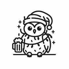 Fototapeta premium Owl wear santa claus hat tangled wrap around with Christmas lights holding a beer mug in christmas party 