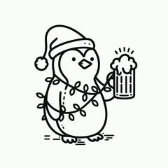  Penguin wear santa claus hat tangled wrap around with Christmas lights holding a beer mug in christmas party   