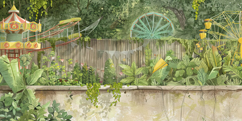 The Haunted Maze of Fear: An abandoned amusement park at night, its rides and games now overtaken by vines and cobwebs