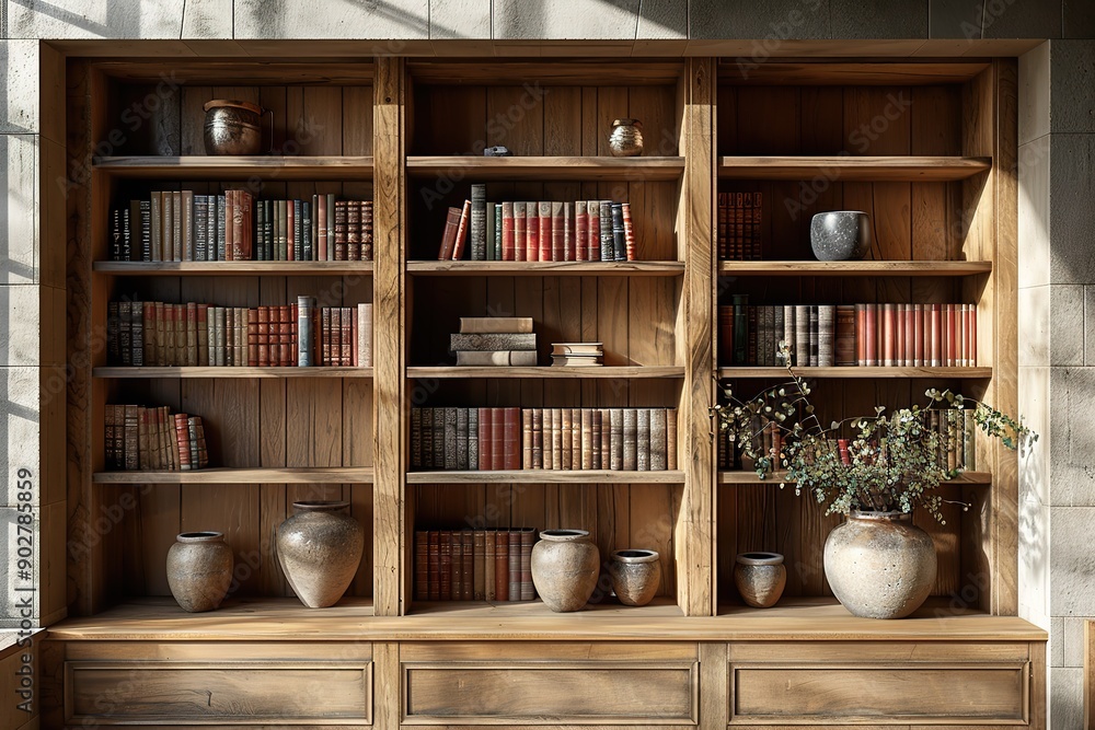 Poster a large wooden bookshelf with many books and vases on it