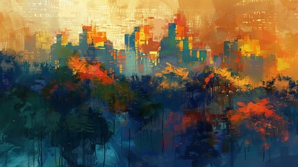 Naklejka premium Urban Skylines: Abstract Cityscape on Hilltop - Digital Illustration with Acrylic Texture