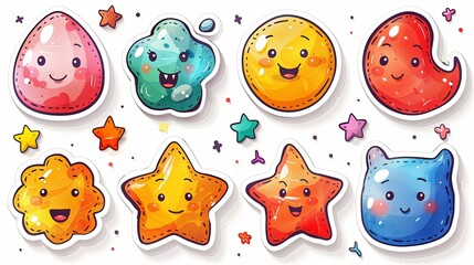 vector, illustration, Colorful happy smiling face label shape set. Collection of trendy retro sticker cartoon shapes. Funny comic character art and quote sign patch bundle