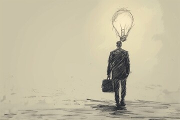 Simple sketch of a person with a briefcase and lightbulb, [Business Concept], [Entrepreneurship], No logo, No Trademark, No text, minimal concept with copy space for stock photo