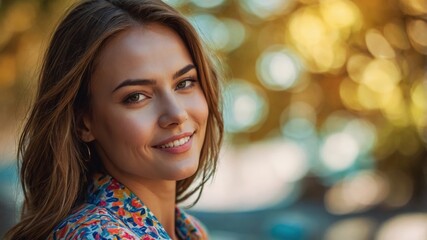 Obraz premium Smiling Woman Outdoors in Colorful Autumn Setting 