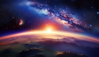 Fototapeta premium Landscape with Milky Way galaxy. Rising sun and view of Earth from space with the Milky Way galaxy.