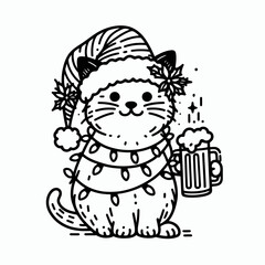 Obraz premium Siamese Cat wear santa claus hat tangled wrap around with Christmas lights holding a beer mug in christmas party 