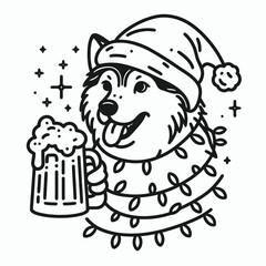 Obraz premium Siberian Husky Dog wear santa claus hat tangled wrap around with Christmas lights holding a beer mug in christmas party 