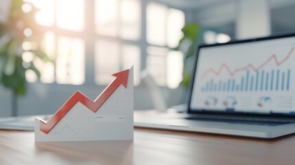 Innovative office environment, upward arrows integrated with graphs and charts, showcasing significant business growth and success metrics