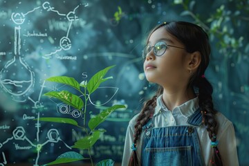 Line art of a child with a plant and scientific notations, [Botany], [Primary Education], No logo, No Trademark, No text, minimal concept with copy space for stock photo