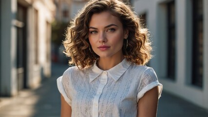 Fototapeta premium Confident Woman with Curly Hair in Urban Setting 