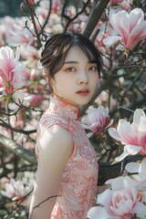 Fototapeta premium A woman stands near a blooming tree, surrounded by colorful flowers