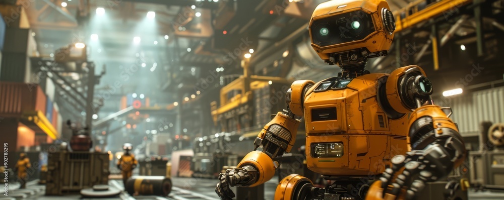 Poster high-resolution image of robotic assistant at industrial shipping port with workers