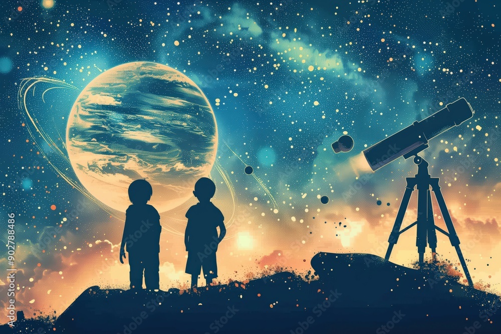 Wall mural minimalist scene of children looking through a telescope, [astronomy], [primary science], no logo, n