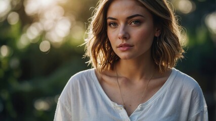 Naklejka premium Thoughtful Woman Outdoors in Soft Sunlight 