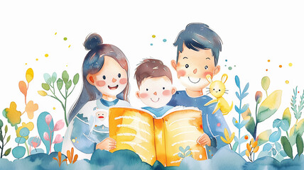 Funny family parents and child reading a book together, drawing on a white background in watercolor paints