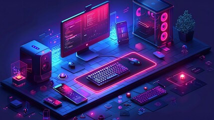 vector, illustration, Computer technology isometric illustration. PC, laptop, phone on desk, tech symbols, design elements of apps, development environment of programming software of mobile, desktop c