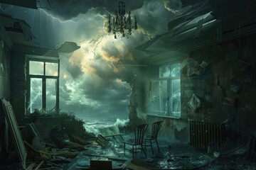 Desolate room interior with stormy sea and sky through broken walls