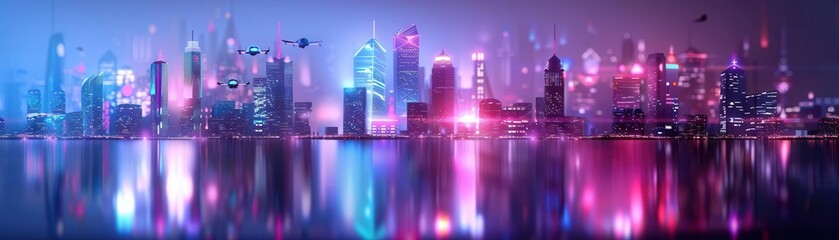 Naklejka premium Neon city skyline with reflection in water