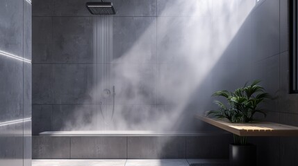 A modern bathroom with a humid atmosphere, steam rising and condensation on the ceiling and walls, creating a realistic moisture effect