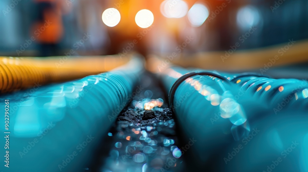 Poster close-up view of colorful industrial pipes framed in a soft bokeh effect, highlighting the texture a